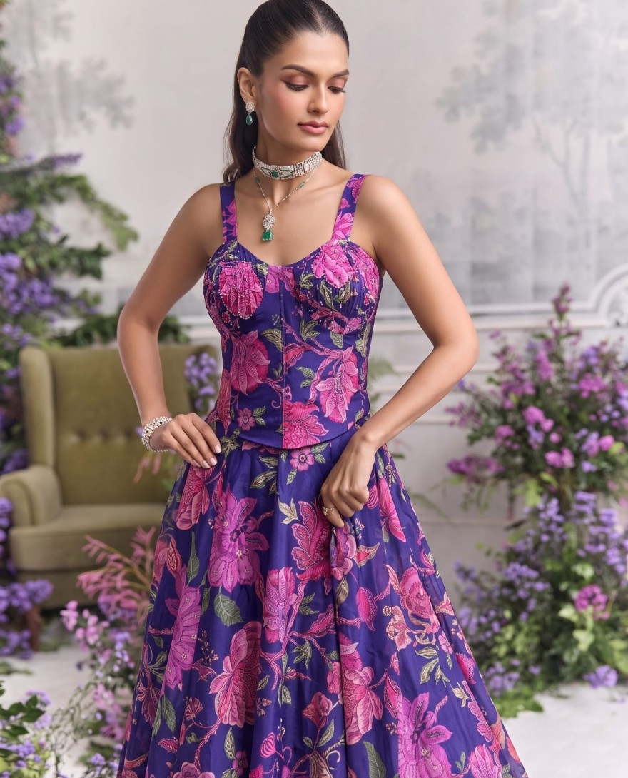BLUE - Blue Floral Tabby Organza Party Wear Lehenga Set